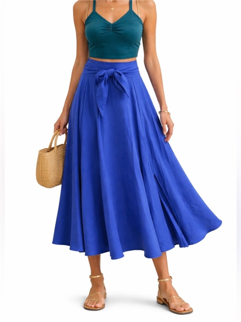 Royal Blue A-Line Dress with Waist Tie